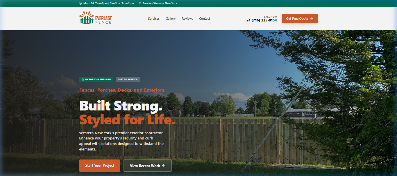 Everlast Fences website hero section — Built Strong. Styled for Life.